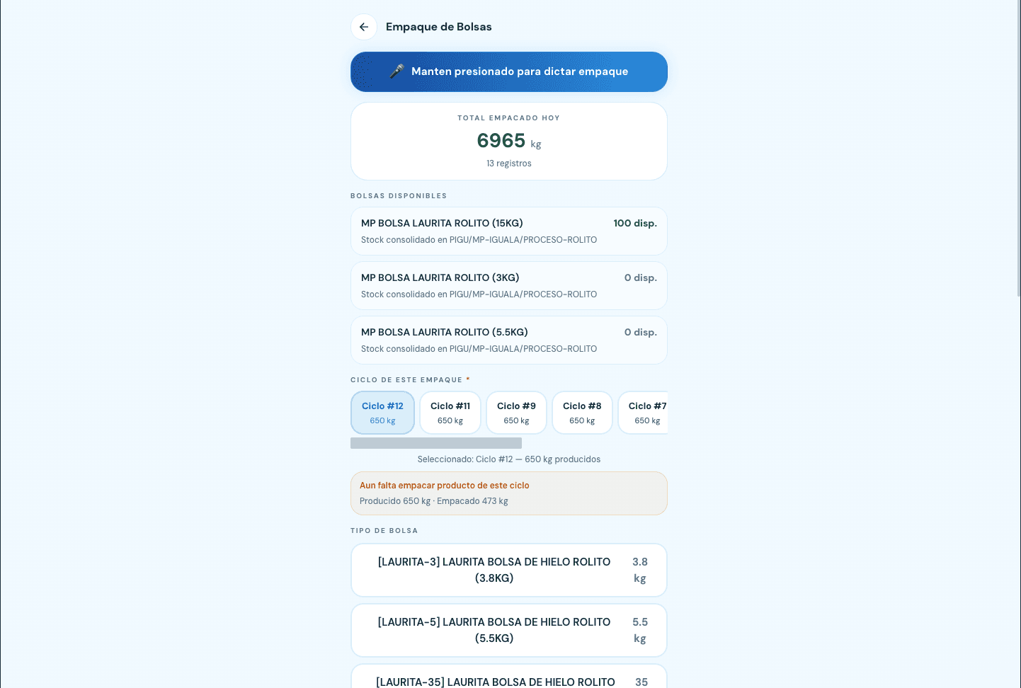Formulario de empaque con dictado, bolsas disponibles y selección de ciclo.