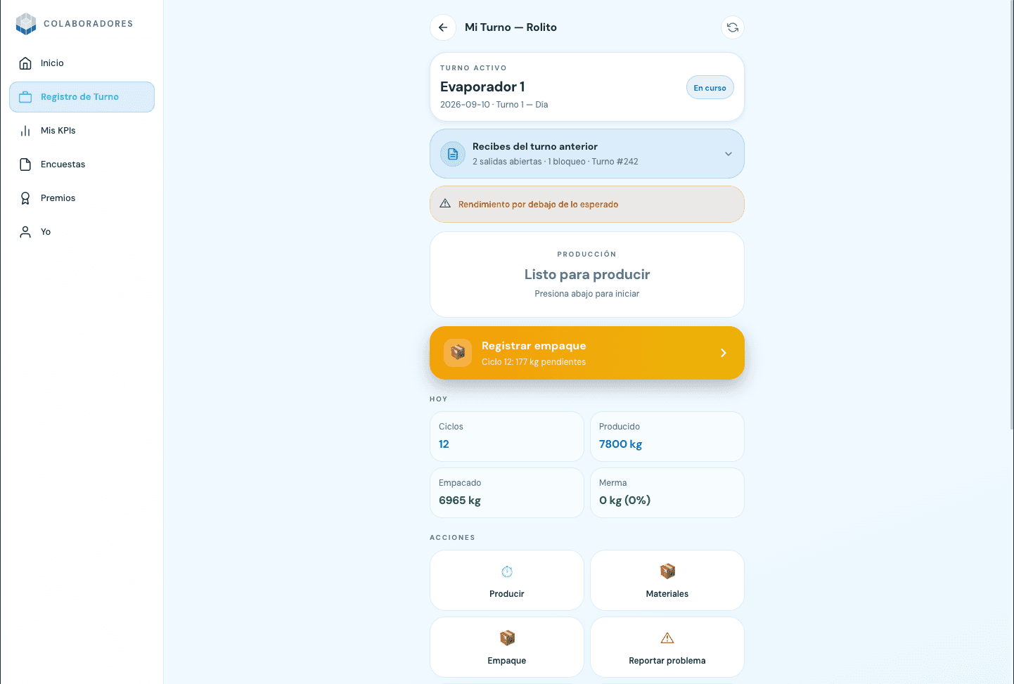 Turno de producción con ciclos, empaque, materiales y avisos.