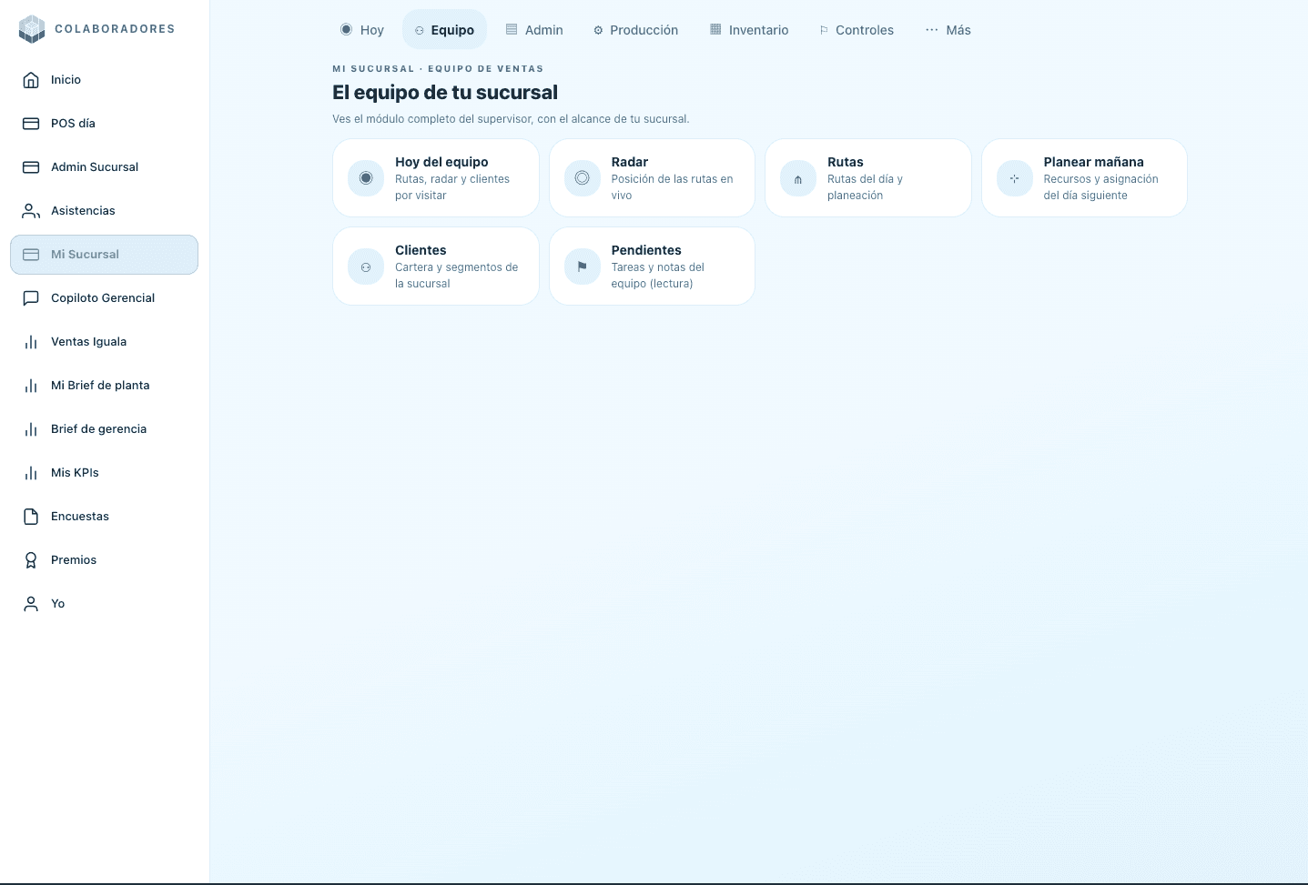 Accesos al equipo de sucursal, radar, rutas, clientes y pendientes.