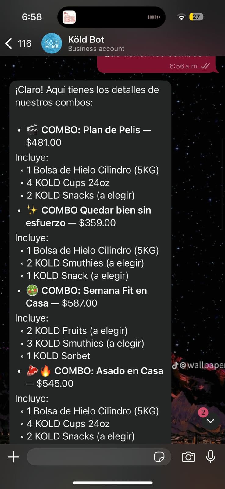 El bot detalla el contenido y precio de los combos solicitados.