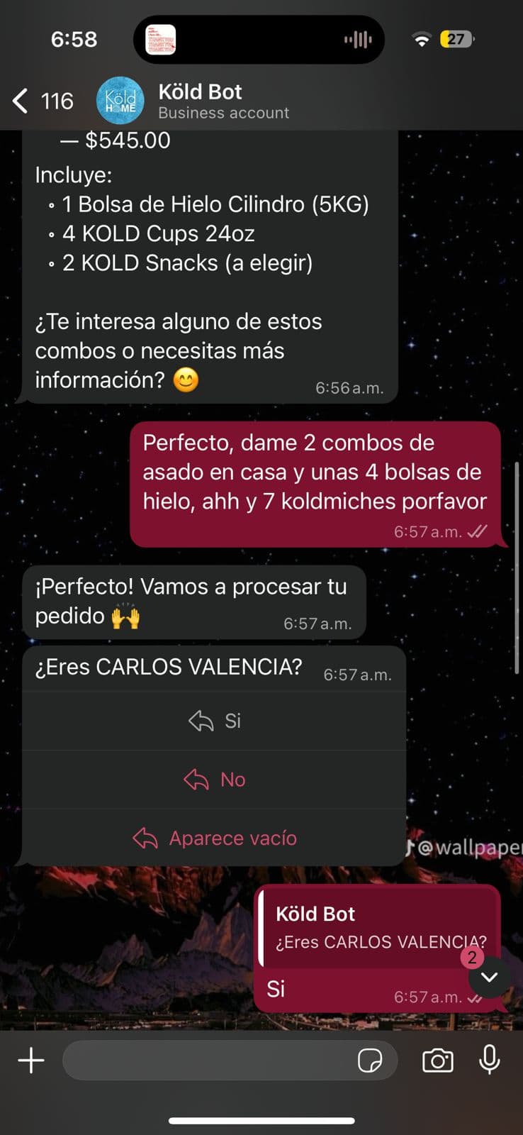 El cliente pide productos en lenguaje natural y el bot solicita confirmar su identidad.