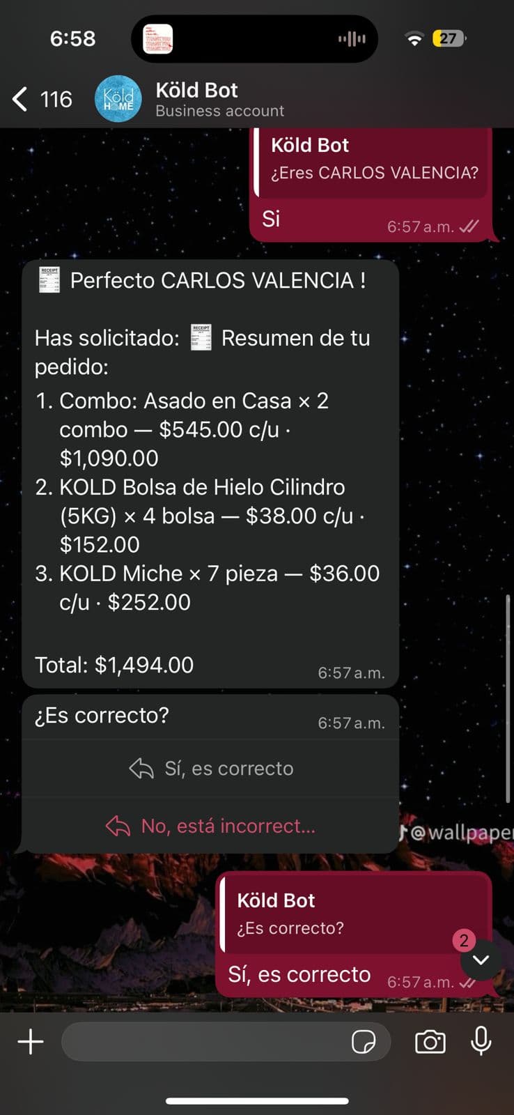 El bot presenta cantidades, precios y total del pedido para confirmación del cliente.