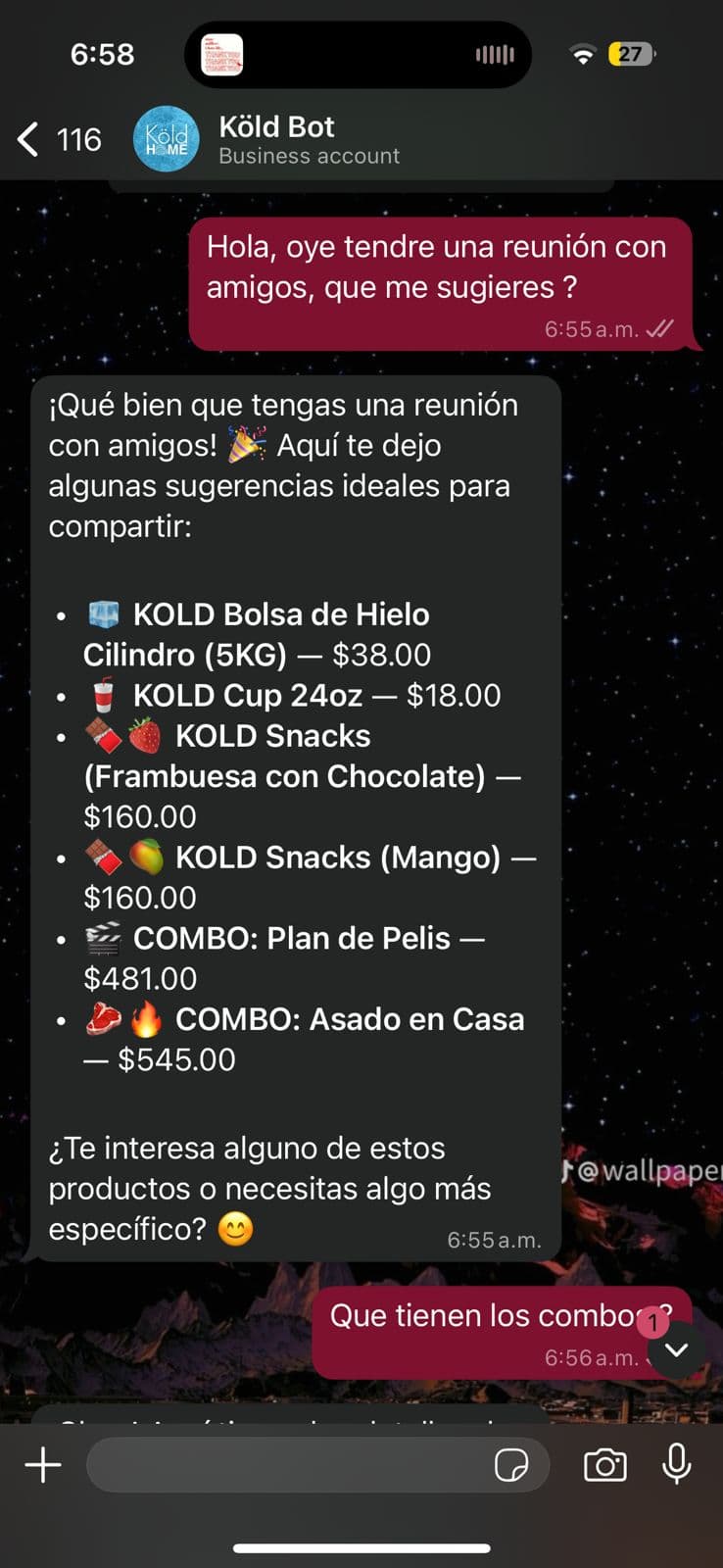 Köld Bot recomienda productos por WhatsApp para una reunión con amigos.