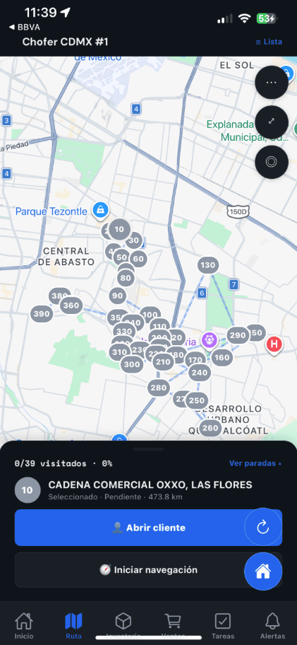 Kold Field: mapa con paradas y acceso a la navegación hacia el cliente.