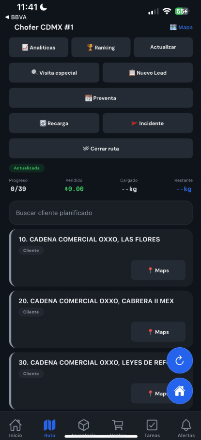 Kold Field: lista de clientes planificados y avance de la ruta.