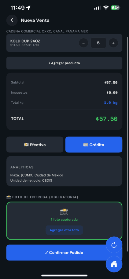 Kold Field: registro de productos, pago y fotografía de entrega.