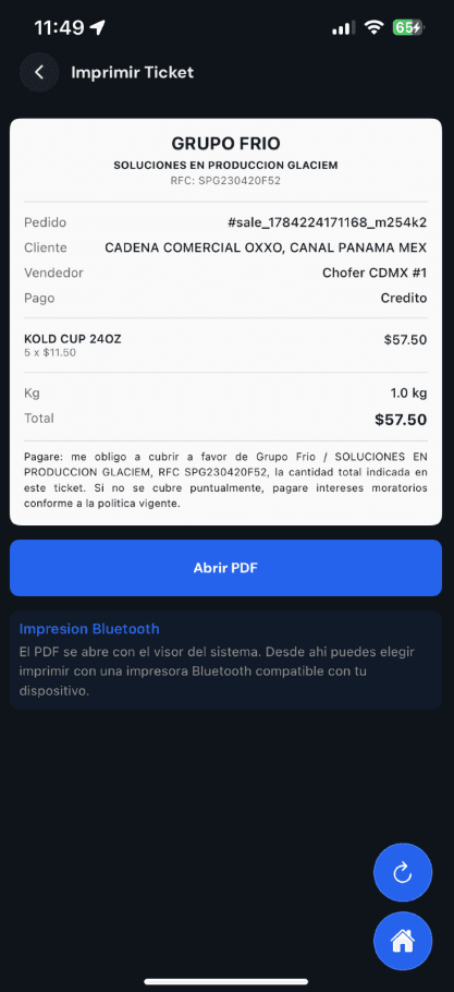 Kold Field: ticket con detalle de venta y opción para abrir el PDF.