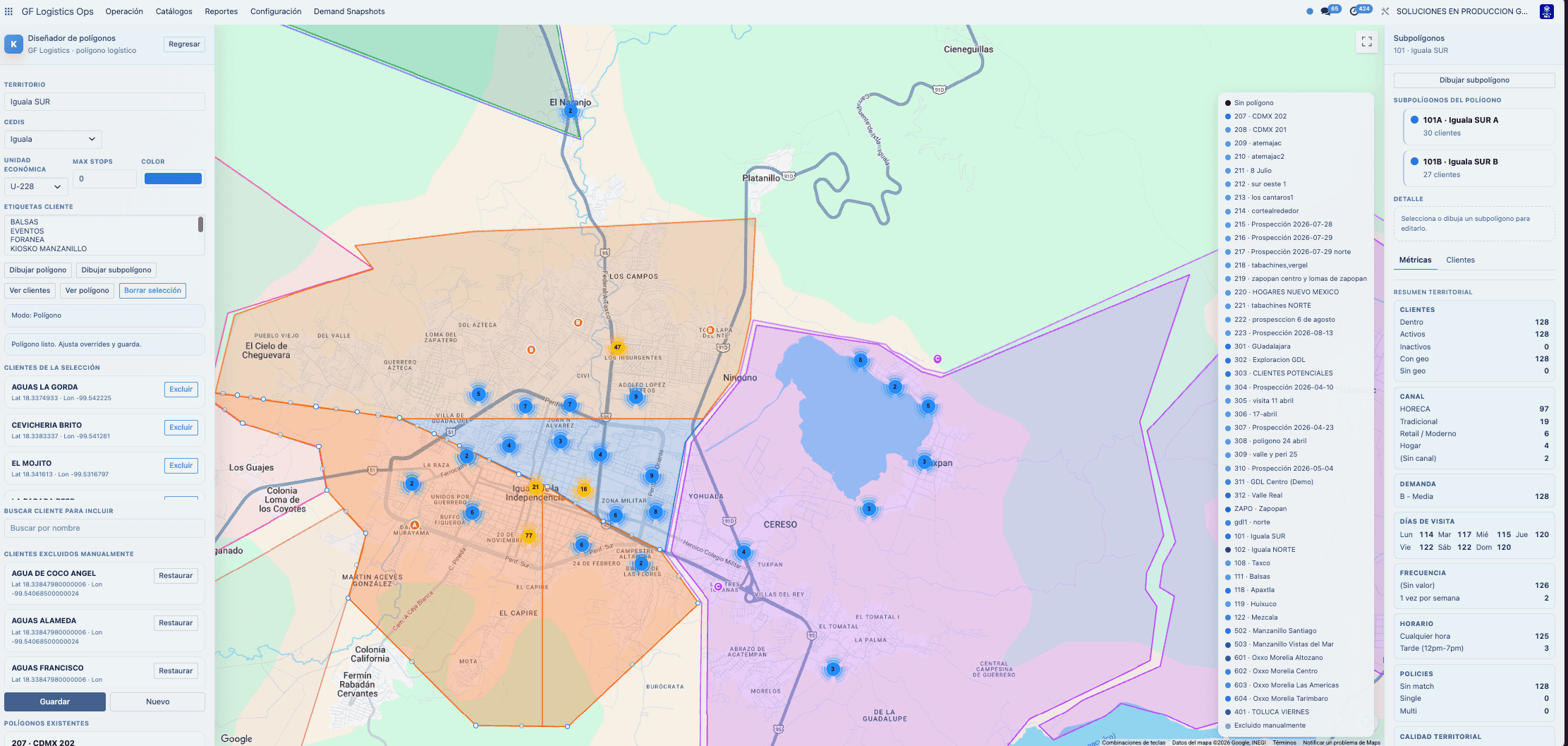 Diseñador de polígonos de Grupo Frio con territorios, subpolígonos, clientes geolocalizados y resumen territorial.